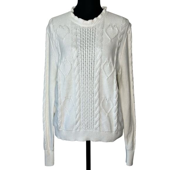 J.Crew Women’s Cable-Knit Hearts Crewneck Sweater Ivory CF398 | Size Large New - Picture 3 of 14